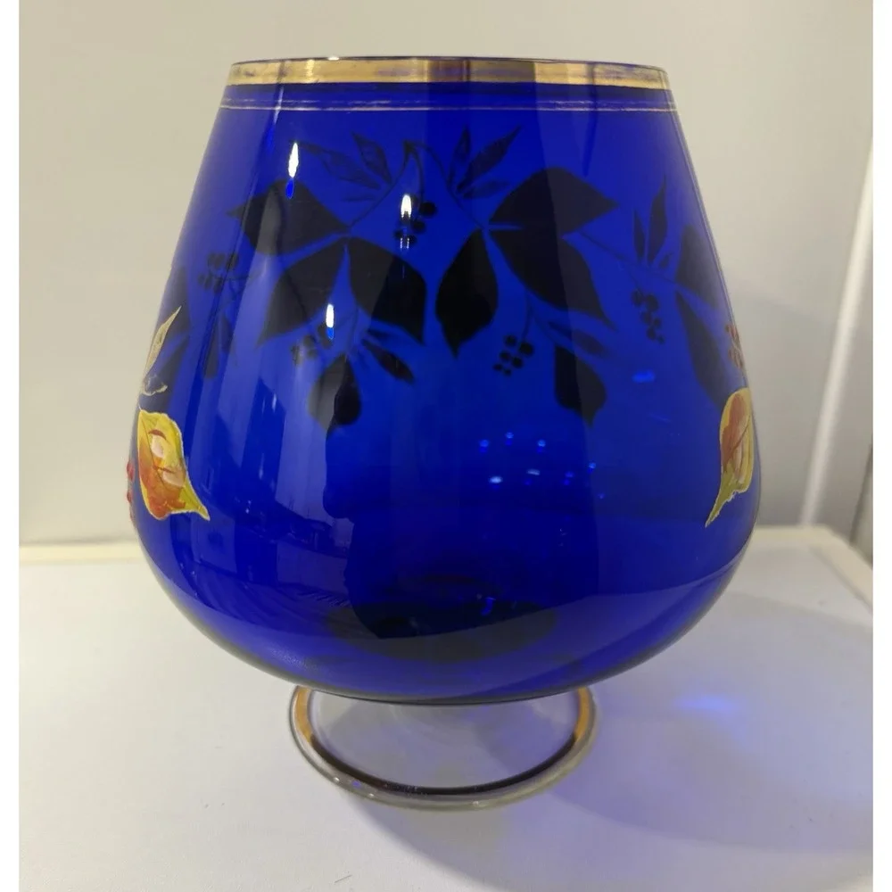Bohemian Czech Cobalt Blue Cut To Clear Hand Painted Floral Dish Gold Trim
